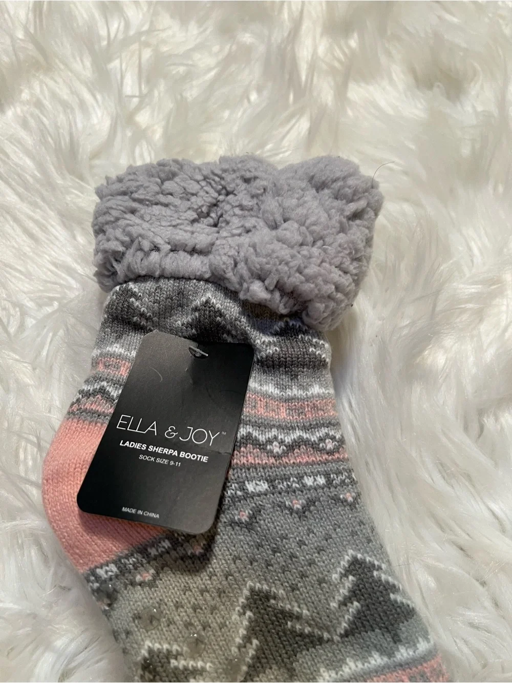 Ella & Joy Women's Sherpa Lined Lounge Bootie Socks Gray Pink Fair Isle SLSKL202